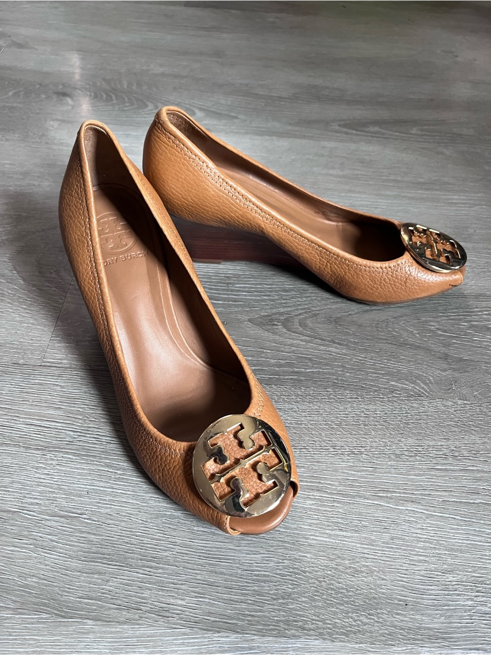 Tory Burch sally tan Leather Peep-Toe wedge heels